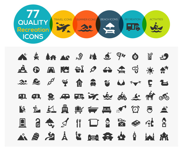 77 Високоякісні іконки для відпочинку, включаючи: подорожі, пляж, спорт
 - Вектор, зображення