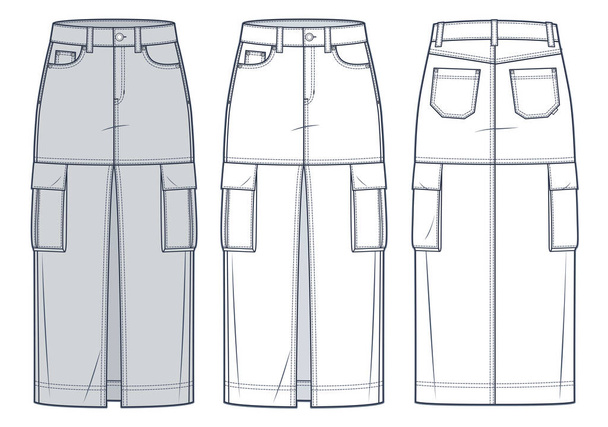 Cargo midi Skirt technical fashion illustration. Denim Skirt fashion flat technical drawing template, front slit, midi length, pockets, front zip-up, front and back view, white, grey, women CAD mockup set.  - Vector, Image