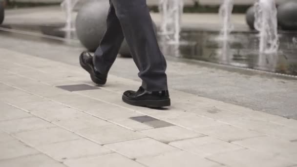 Geschäftsmann, der die Straße in der Stadt in der Nähe des Brunnens entlangläuft. Wirtschaft, Menschen. Zeitlupe - Filmmaterial, Video