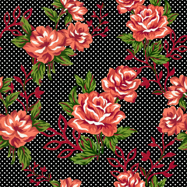 Gouache Illusztráció Chic rózsa minta címe és varrat nélküli darab, amely szövetre és papírra vagy papírtörmelékre nyomtatható. - Fotó, kép
