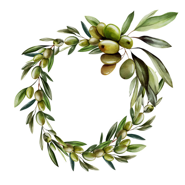 Aquarellkranz mit Olivenbeeren und grünen Blättern. Illustration - Foto, Bild