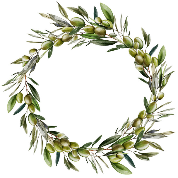 Corona de acuarela con bayas de oliva y hojas verdes. Ilustración - Foto, imagen