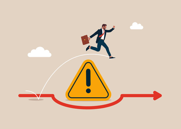Incident management. Businessman run the way around and jump pass  incident with exclamation attention sign. Flat vector illustration - Vector, Image