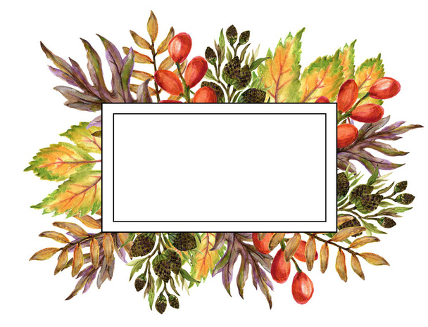 Акварель гуаш малюнок барвисті листя гілки набір осінніх сезонів розташування вінка банер рамка рамка рука розфарбована Дизайн для весільних запрошень, вітальних листівок, карт - Фото, зображення