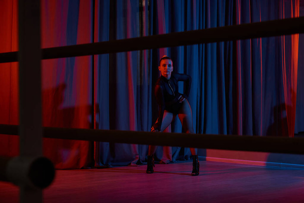 Anmutige Tänzerin posiert in ihrem schwarzen Trikot und Netzstrumpfhosen, umrahmt von einem Vorhang - Foto, Bild
