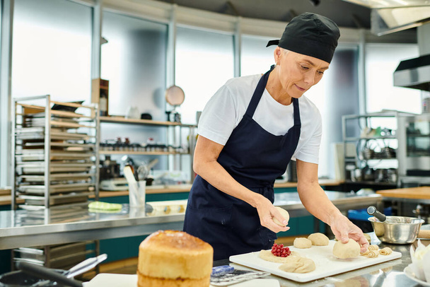 attractive mature woman in blue toque and apron working hard with her dough, confectionery - Photo, Image