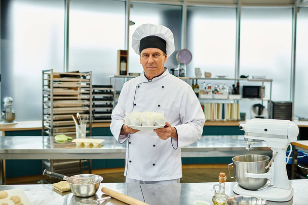 gut aussehende Chefkoch mit weißem Hut posiert auf seiner Küche und blickt in die Kamera, Süßwaren - Foto, Bild