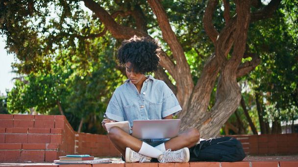 Młody wolny strzelec pisze notatki w notatniku siedząc zielony park z laptopem. Afroamerykanka podsłuchująca webinar w słuchawkach tworzących kompendium na zewnątrz. Kręcone dziewczyna studiuje online na słonecznej przyrody. - Zdjęcie, obraz