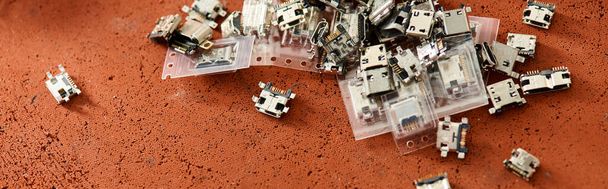top view of different electronic components on table in repair workshop, horizontal banner - Photo, Image