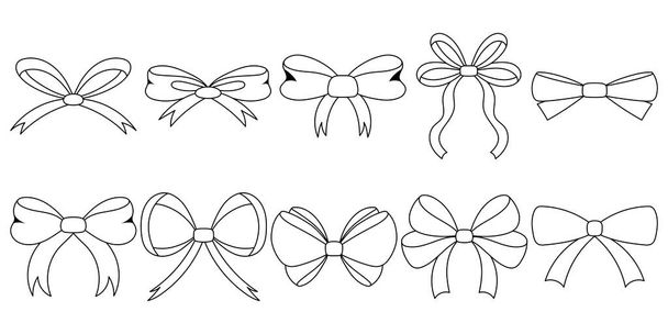 Schicke Schwarz-Weiß Doodle Ribbon Bow Collection. Handgezeichneter flacher Stil für stilvolle Dekorationen. Großzügige Bowties für kreative Projekte. - Vektor, Bild