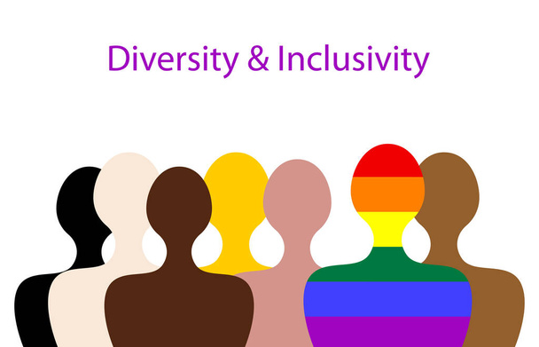 Inclusão e diversidade. Silhuetas de pessoas e conjunto LGBTQ +, conceito de orgulho gay banner para site, sinal de arco-íris colorido, ilustração vetorial isolada no fundo branco  - Vetor, Imagem