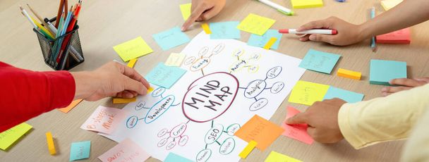Professional startup group share creative marketing idea by using mind map. Young skilled business people brainstorm business plan while writing sticky notes. Focus on hand. Closeup. Variegated. - Photo, Image