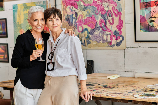 glücklich und trendy reife Frau mit Weinglas umarmt lesbische Partnerin in modernen Kunst-Studio - Foto, Bild