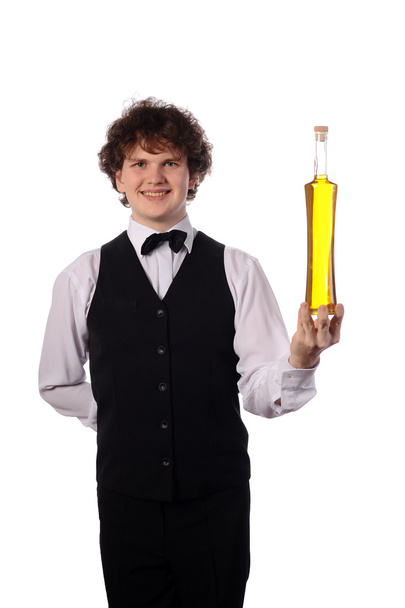 Kellner mit Flasche Olivenöl - Foto, Bild