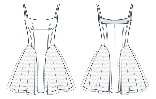 Жіноче плаття з сіткою технічної моди Ілюстрація. Корсет Сукня моди плоский технічний шаблон малювання, плечові ремені, тонка посадка, застібка-блискавка, вид спереду і ззаду, білий колір, макет CAD. - Вектор, зображення