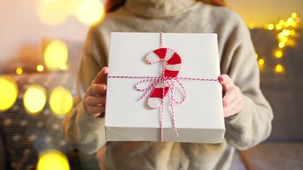 Punaiset hiukset hymyilevä nainen antaa joulun pakattu lahjapaketti. Innoissaan nuori aikuinen kääritty läsnä Uusi vuosi juhla ja onnittelut - Materiaali, video