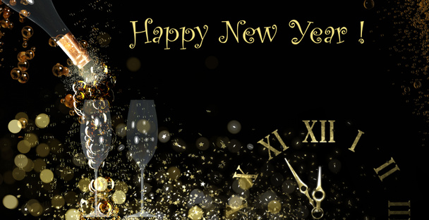 Happy New Year fond avec texte, bouteille de champagne avec éclaboussures bulles et horloge montrant minuit. Illustration de rendu 3D. - Photo, image