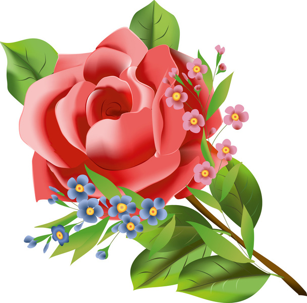 Ilustração vetorial de uma rosa com pequenas flores azuis escuras e rosa isoladas em fundo branco
. - Vetor, Imagem