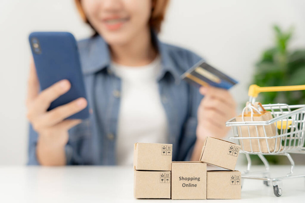 woman using smartphone for online shopping at home. Hand holding mobile phone with payment detail page display and credit card, stay home, technology, electronic commerce, internet, market place - Foto, Imagen