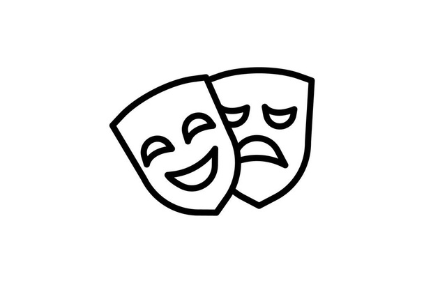 Драматическая маска, символ театра, театральная маска, иконка линии, иконка контура, иконка совершенства пикселей - Вектор,изображение