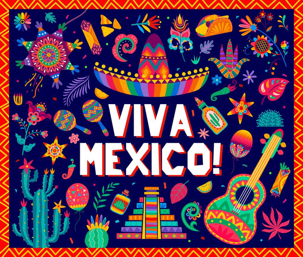 Banner de Viva México con sombrero, flores tropicales, piñata y guitarra. Tarjeta de felicitación vectorial en estilo tradicional alebrije con hitos nacionales como pirámide, maracas, flores de cactus, tequila, tex mex - Vector, imagen