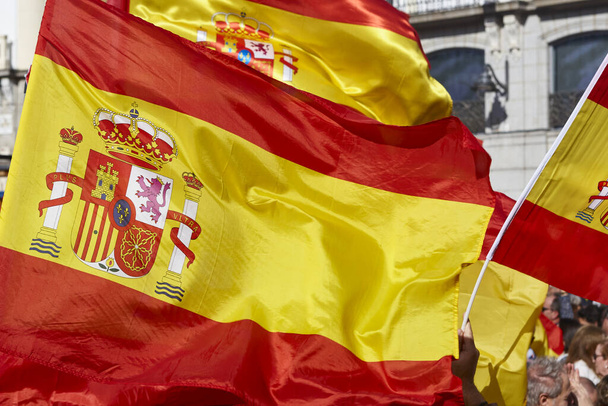 Spanish flags and coat of arms. Nation emblem. Spain - Photo, Image