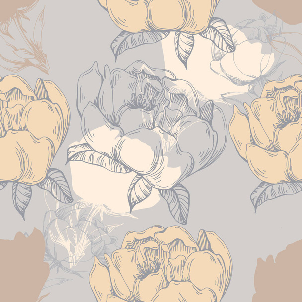 Nahtloses Boho-Blumenmuster mit Pfingstrosenblüten. Retro Collage Muster. Zeitgenössischer Druck für Hochzeitspapier, Grüße, Tapeten, Mode, Hintergründe, Texturen, DIY, Verpackungen, Karten - Vektor, Bild