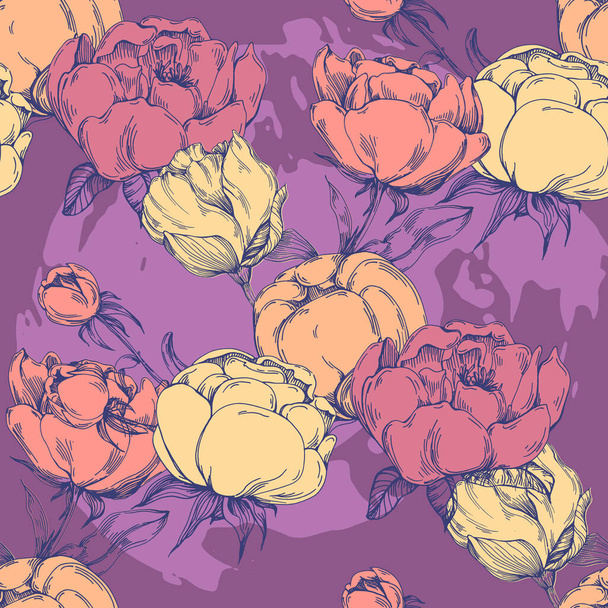Seamless boho floral pattern with peony flowers. Retro collage pattern. Contemporary print for wedding stationary, greetings, wallpapers, fashion, backgrounds, textures, DIY, wrappers, cards - Vector, Image