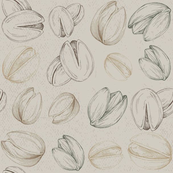 Seamless pattern with pistachio nuts. Hand-drawn colored vector illustration for printing. - Vector, Image