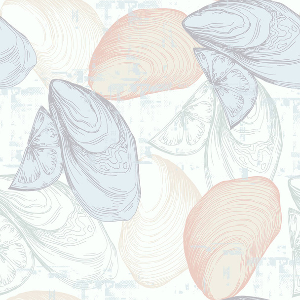 Ostras vintage padrão de frutos do mar. Um fundo simples é ideal para impressão, têxteis, tecido, papel de parede, papel de embrulho, esfregando - Vetor, Imagem