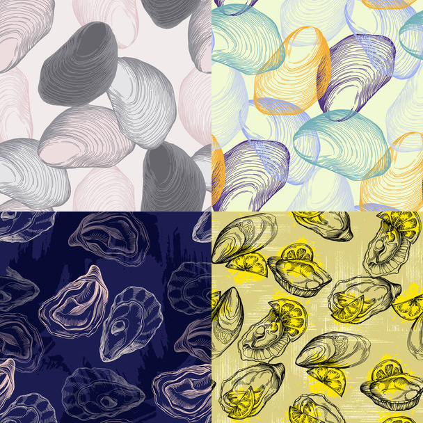 Ostras vintage padrão de frutos do mar. Um fundo simples é ideal para impressão, têxteis, tecido, papel de parede, papel de embrulho, esfregando - Vetor, Imagem