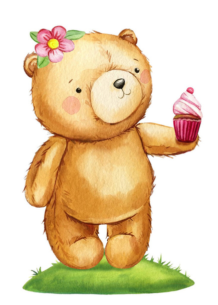 Tekenfilm leuke teddybeer met cupcake op geïsoleerde achtergrond. Aquarel hand getekend illustratie. speelgoed Valentijnsdag geïsoleerd. Hoge kwaliteit illustratie - Foto, afbeelding