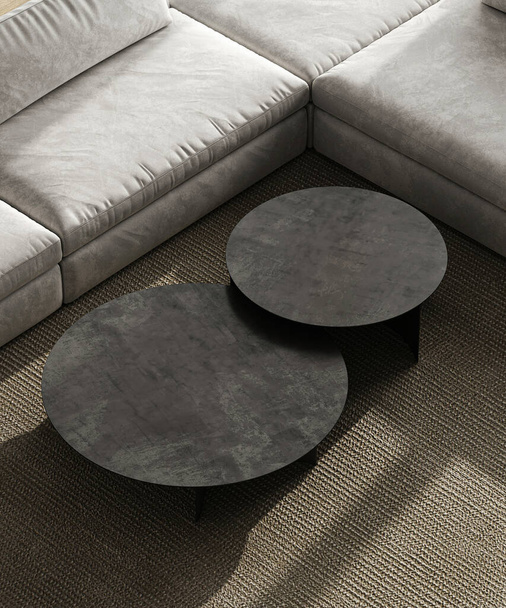 Крупним планом 3d візуалізація елегантних, темнокам'яних журнальних столиків, що доповнюють розкішний сірий диван, встановлений на текстурований килим у сучасній вітальні - Фото, зображення