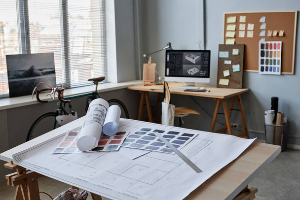 Background image of architects office with focus on floor plans, copy space - Photo, Image