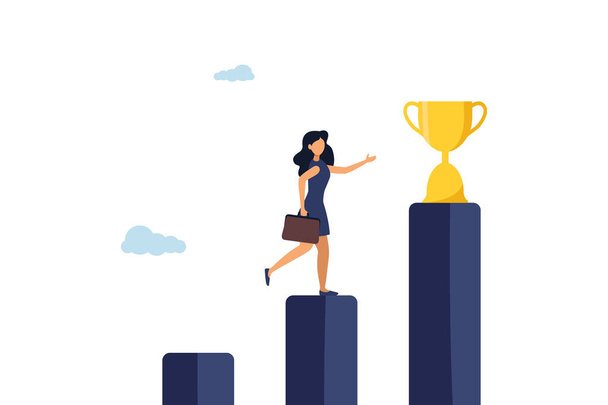 Business woman steps towards the trophy. Career development. Achieving the goal. Illustration - Photo, Image