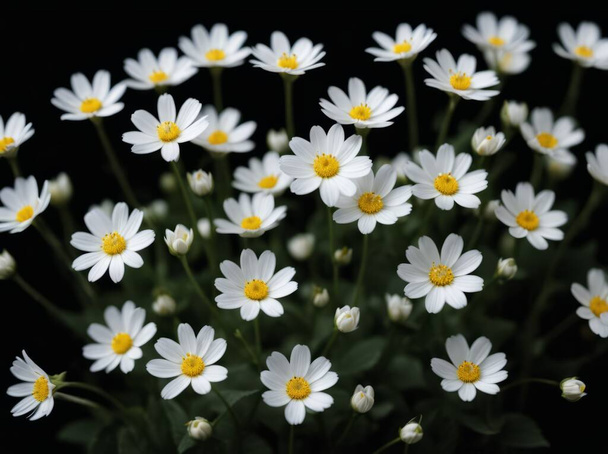 黒い背景に茎に小さな白い花びらが付いている多くの小さな花. 空中で飛んでいる多くの小さな白いぼやけたふわふわの斑点 - 写真・画像