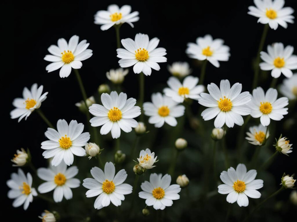 Wiele małych kwiatów z małymi białymi płatkami na łodydze na czarnym tle. Wiele małych białych rozmytych puszystych plamek latających w powietrzu - Zdjęcie, obraz