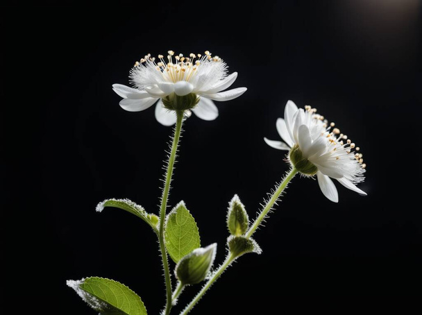 黒い背景に茎に小さな白い花びらが付いている多くの小さな花. 空中で飛んでいる多くの小さな白いぼやけたふわふわの斑点 - 写真・画像