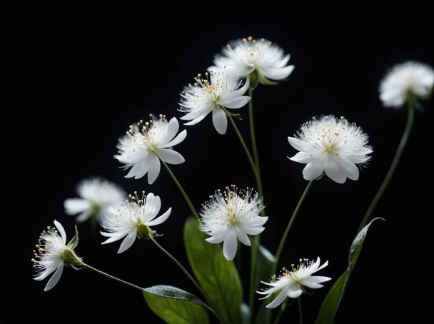 Muchas flores pequeñas con pequeños pétalos blancos en el tallo sobre fondo negro. Muchos pequeños puntos pelusa esponjosa borrosa blanca volando en el aire un - Foto, imagen