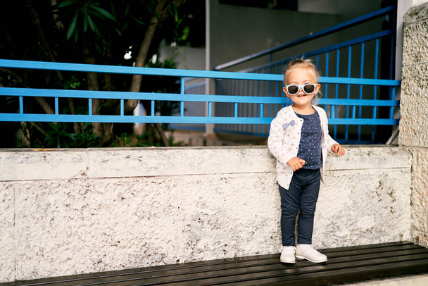 Маленька усміхнена дівчинка в сонцезахисних окулярах стоїть на лавці біля садового паркану. Високоякісна фотографія - Фото, зображення
