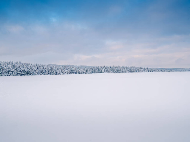 Зимовий мальовничий сніговий хмарний пейзаж, ліс, сніг. Височина, Чехія, Європа.  - Фото, зображення