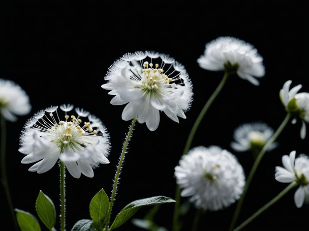 Muchas flores pequeñas con pequeños pétalos blancos en el tallo sobre fondo negro. Muchos pequeños puntos pelusa esponjosa borrosa blanca volando en el aire un - Foto, Imagen