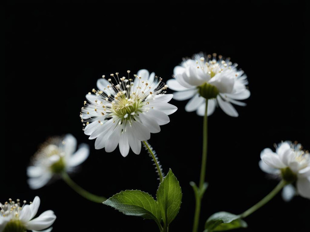 Muchas flores pequeñas con pequeños pétalos blancos en el tallo sobre fondo negro. Muchos pequeños puntos pelusa esponjosa borrosa blanca volando en el aire un - Foto, Imagen