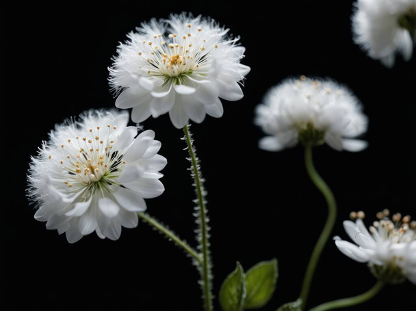 Many small flowers with small white petals on stem on black background. Many small white blurry fluffy fluff spots flying in air a - Photo, Image