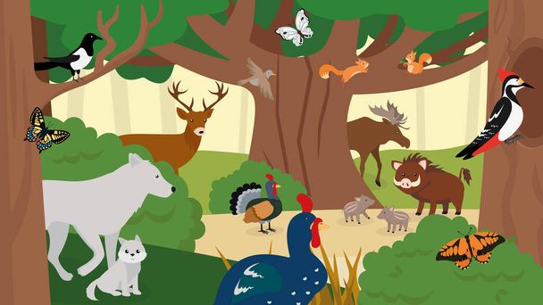 ilustración de una gran cantidad de animales salvajes en el bosque - Vector, imagen