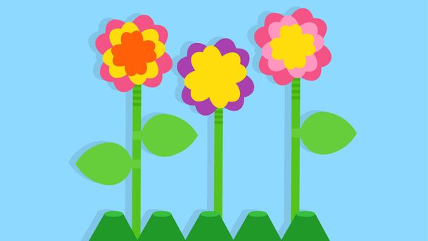 Illustratie van drie kleurrijke bloemen op blauwe achtergrond  - Vector, afbeelding