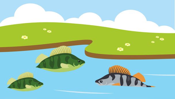 Zeichentrickszene mit verschiedenen Fischen im Fluss - Vektor, Bild