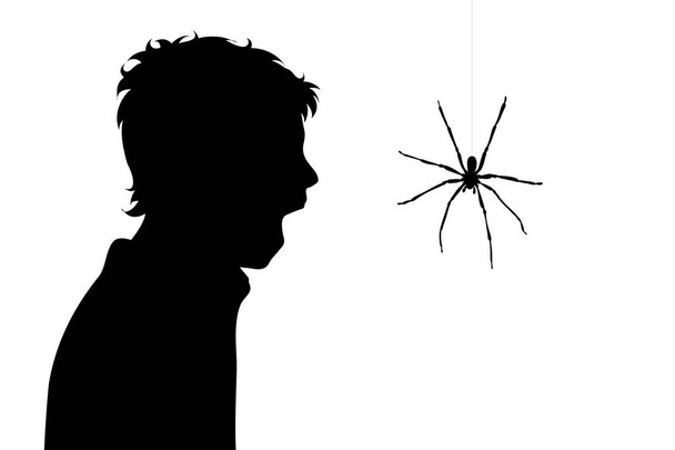 Wektorowa sylwetka chłopca, który boi się pająka na białym tle. Symbol niebezpiecznego owada, którego ludzie przerażają. - Wektor, obraz