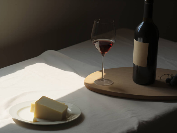 Weinglas und Käse mit Früchten im Licht-Schatten-Stimmungston - Foto, Bild