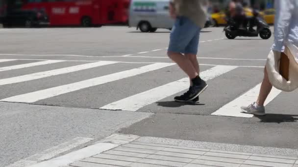 low angle view to the asphalt street at the crossing intersection while crowded people crossing the street in summer daytime. Rush hour street view pedestrian's feet legs while crossing - Footage, Video